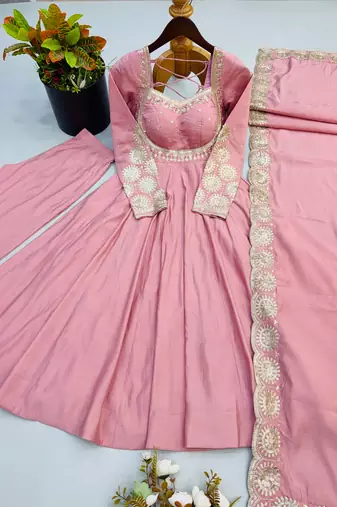 Pink roman silk readymade anarkali suit with embroidery & sequence work