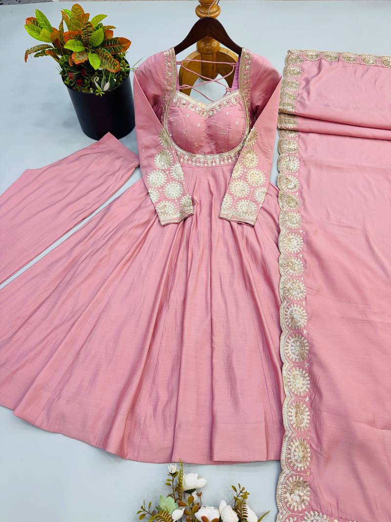 Pink roman silk readymade anarkali suit with embroidery & sequence work