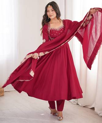 Maroon roman silk readymade anarkali suit with embroidery & sequence work 1