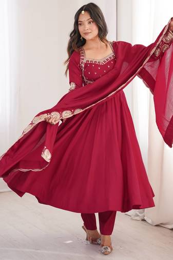Maroon roman silk readymade anarkali suit with embroidery & sequence work