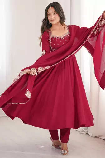 Maroon roman silk readymade anarkali suit with embroidery & sequence work