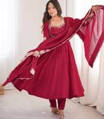 Maroon roman silk readymade anarkali suit with embroidery & sequence work