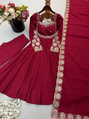 Maroon roman silk readymade anarkali suit with embroidery & sequence work 2