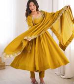 Mustard roman silk readymade anarkali suit with embroidery & sequence work