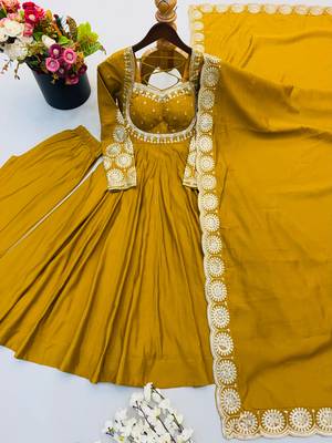 Mustard roman silk readymade anarkali suit with embroidery & sequence work 2