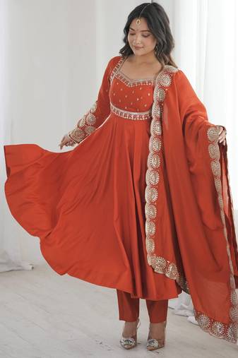 Rust roman silk readymade anarkali suit with embroidery & sequence work