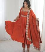 Rust roman silk readymade anarkali suit with embroidery & sequence work