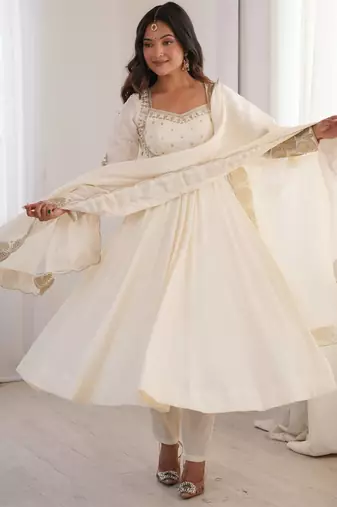 White roman silk readymade anarkali suit with embroidery & sequence work