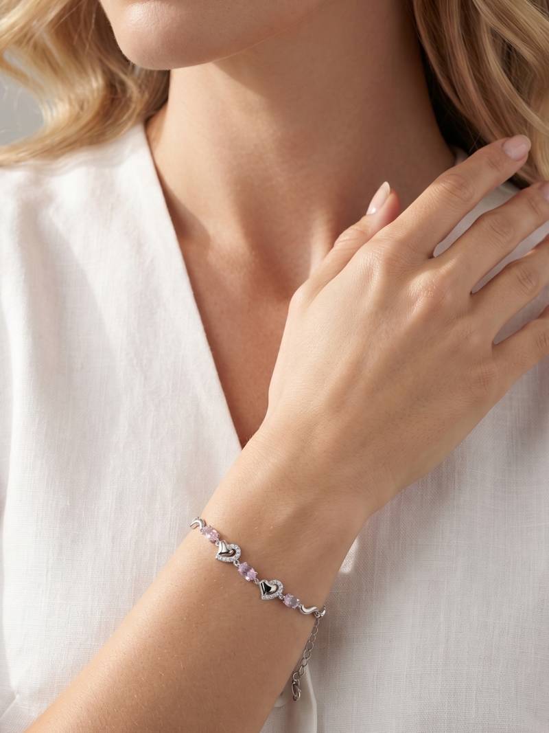 925 Sterling Silver Pink Crystal Heart Bracelet for Women