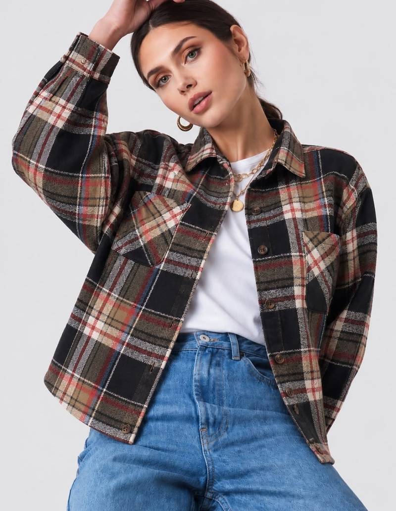 Women green check flannel shirt