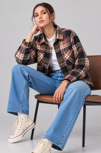Women green check flannel shirt