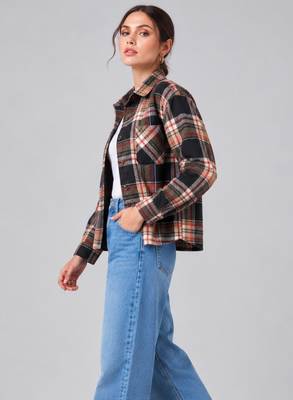 Women green check flannel shirt 5
