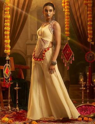 Stunning Cream Mirror Work Georgette Navratri Crop Top With Palazzo 1