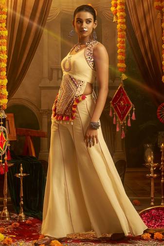 Stunning Cream Mirror Work Georgette Navratri Crop Top With Palazzo