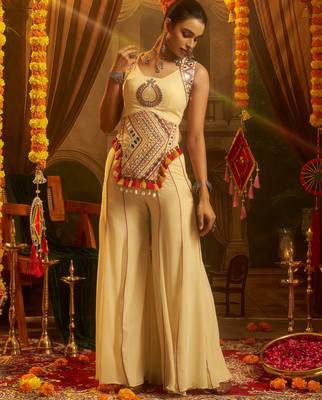 Stunning Cream Mirror Work Georgette Navratri Crop Top With Palazzo 2