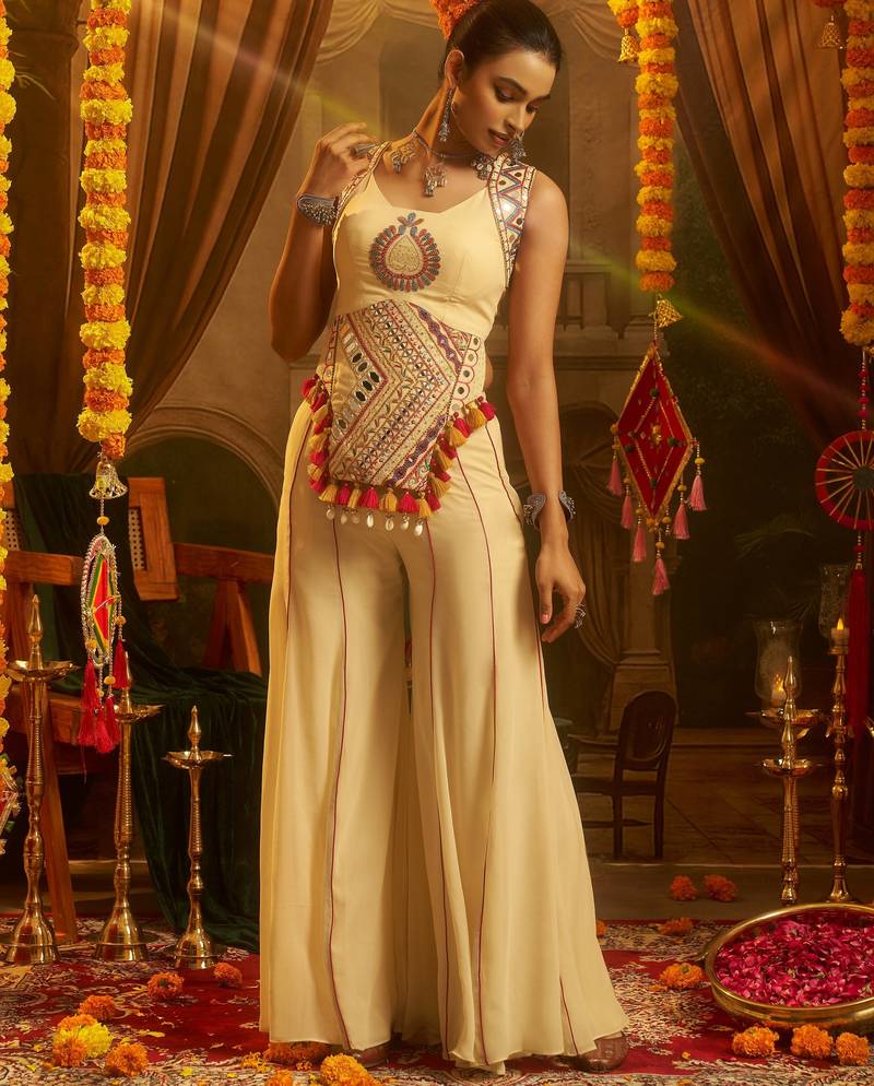 Stunning Cream Mirror Work Georgette Navratri Crop Top With Palazzo