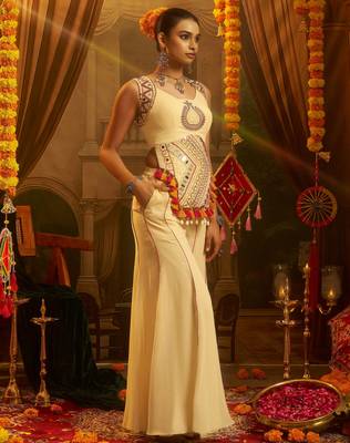 Stunning Cream Mirror Work Georgette Navratri Crop Top With Palazzo 3
