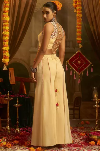 Stunning Cream Mirror Work Georgette Navratri Crop Top With Palazzo