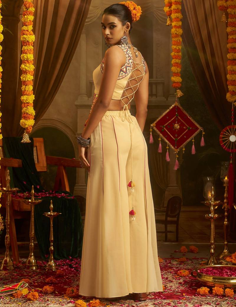 Stunning Cream Mirror Work Georgette Navratri Crop Top With Palazzo