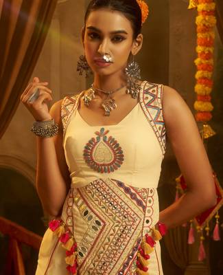 Stunning Cream Mirror Work Georgette Navratri Crop Top With Palazzo 5