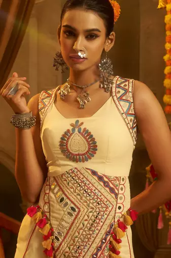 Stunning Cream Mirror Work Georgette Navratri Crop Top With Palazzo