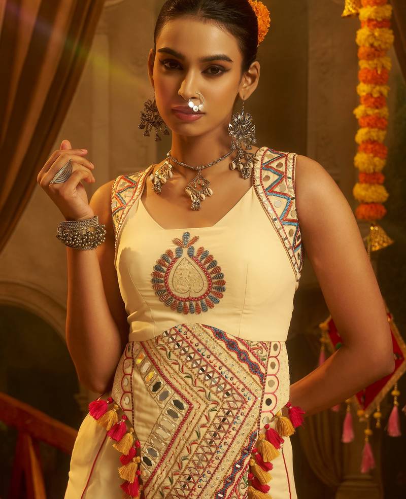 Stunning Cream Mirror Work Georgette Navratri Crop Top With Palazzo