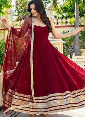 Maroon faux blooming embroidery party wear anarkali suit set 1