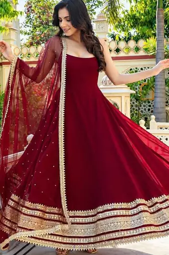 Maroon faux blooming embroidery party wear anarkali suit set
