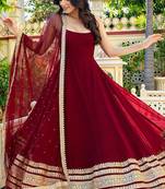 Maroon faux blooming embroidery party wear anarkali suit set
