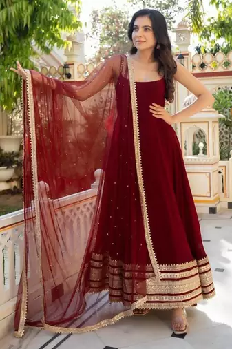 Maroon faux blooming embroidery party wear anarkali suit set