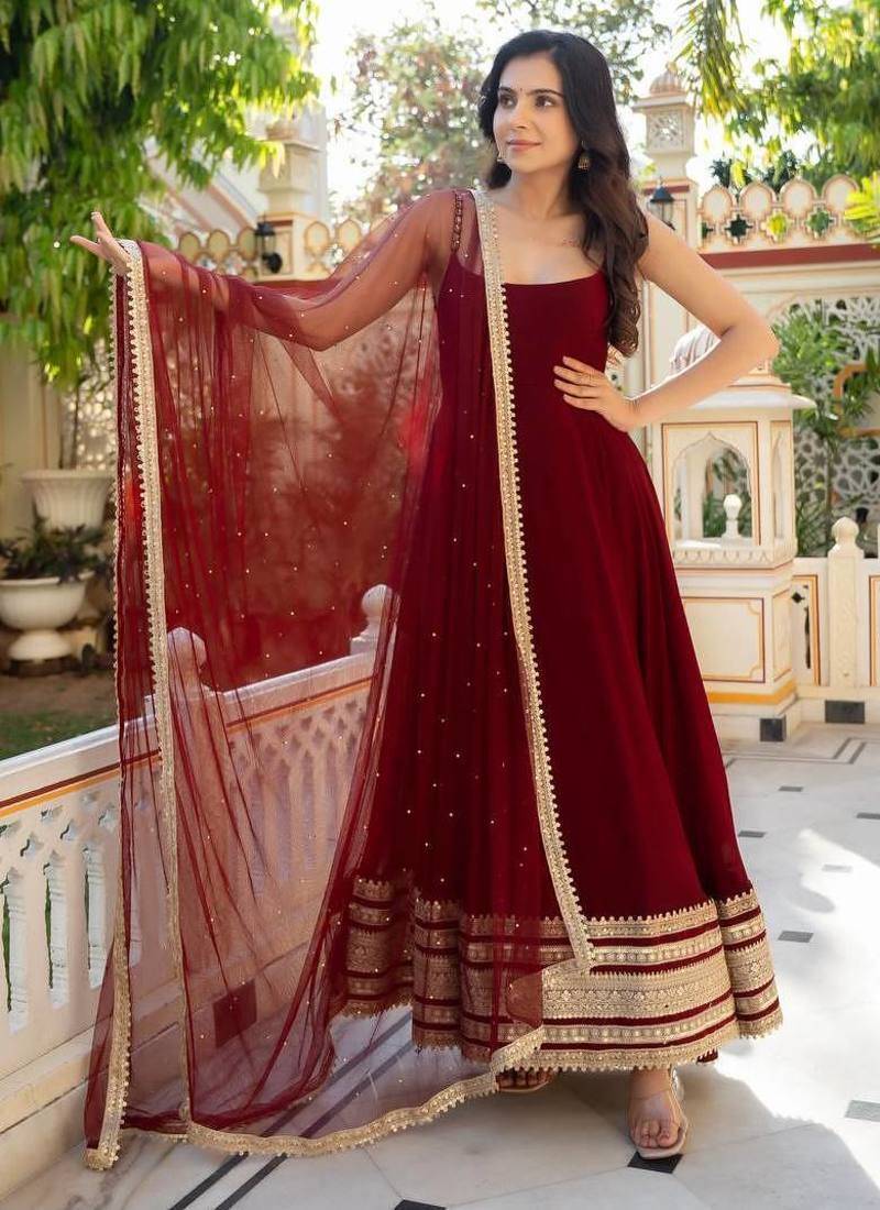 Maroon faux blooming embroidery party wear anarkali suit set
