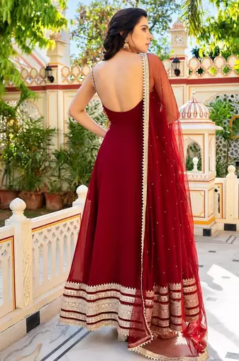 Maroon faux blooming embroidery party wear anarkali suit set