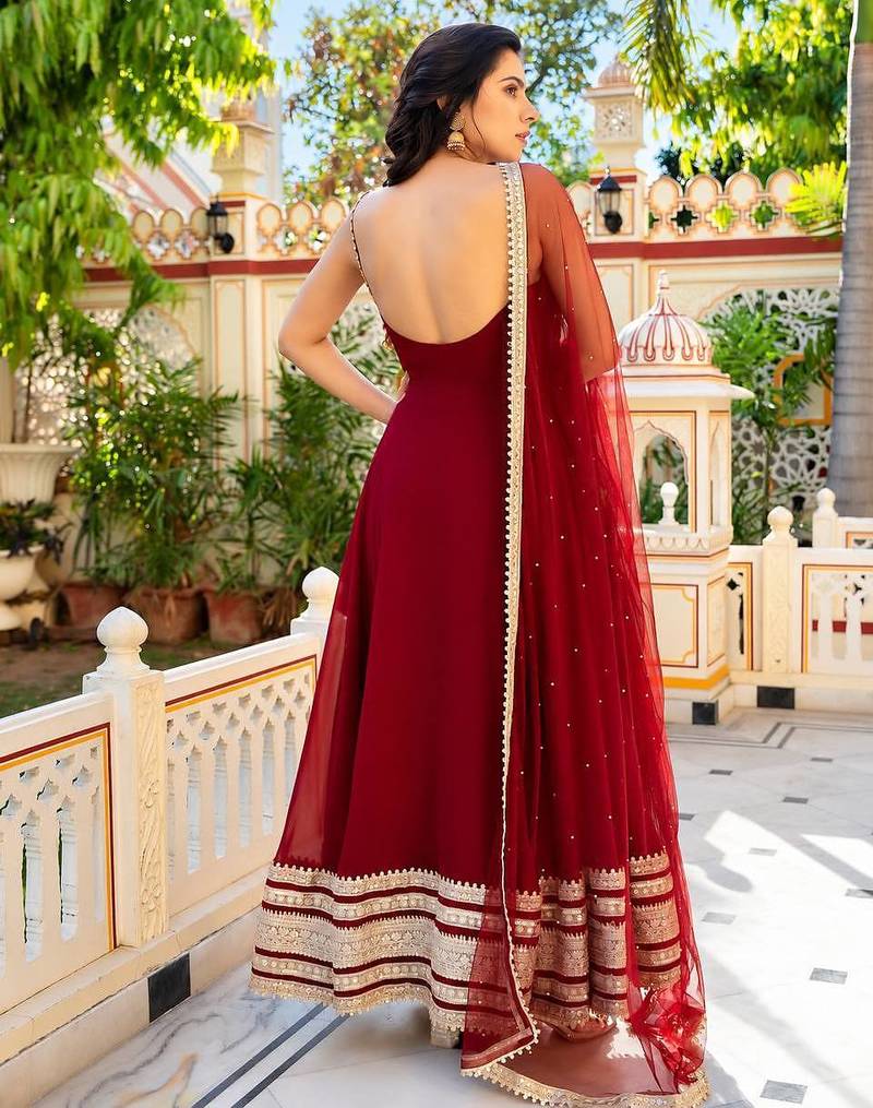 Maroon faux blooming embroidery party wear anarkali suit set