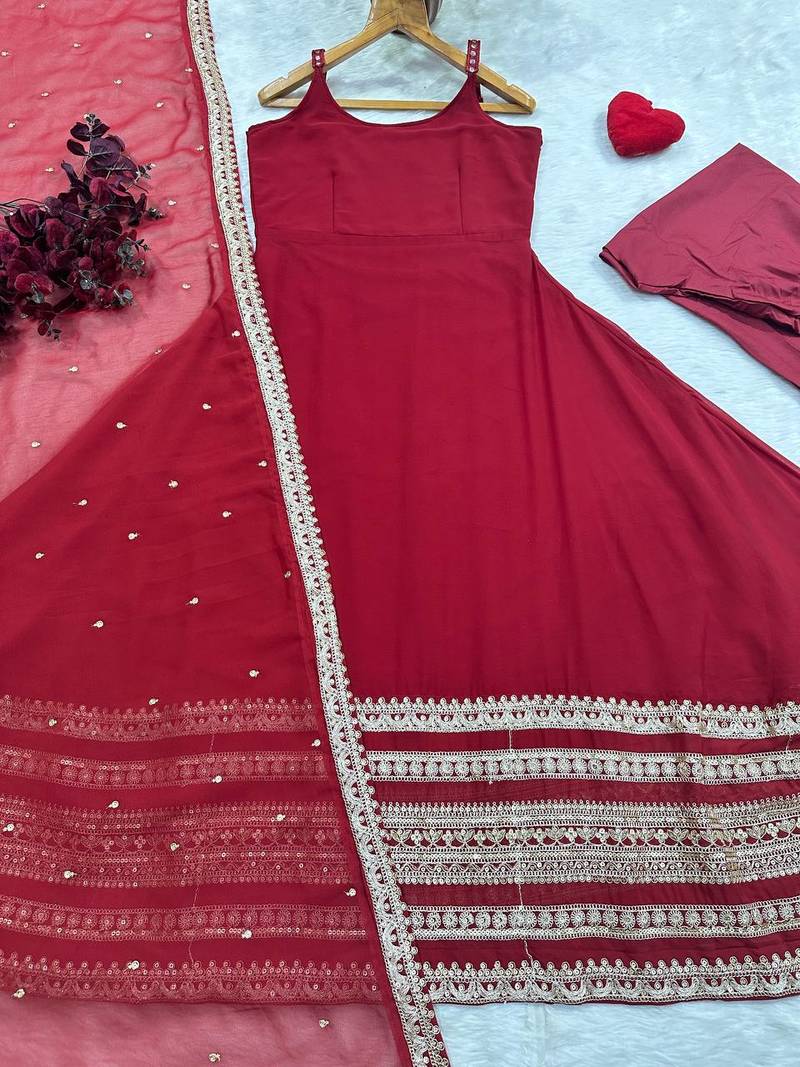 Maroon faux blooming embroidery party wear anarkali suit set