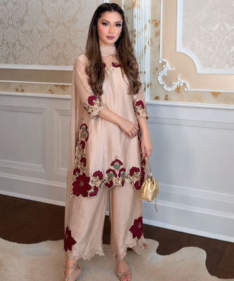 beige glass tissue palazzo set with floral cutwork 2