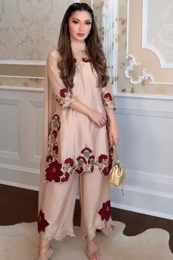 beige glass tissue palazzo set with floral cutwork