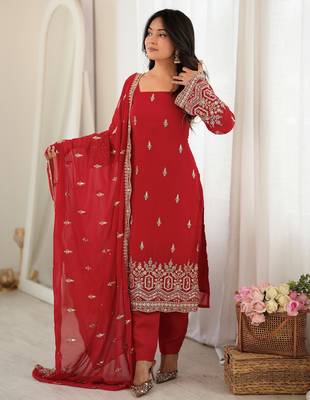 Classic Red Bead Embroidery Georgette Function Wear Salwar Suit 1