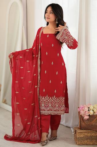 Classic Red Bead Embroidery Georgette Function Wear Salwar Suit