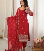 Classic Red Bead Embroidery Georgette Function Wear Salwar Suit