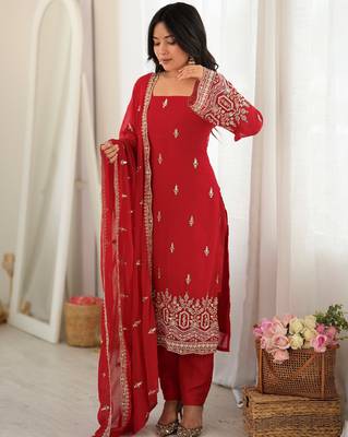 Classic Red Bead Embroidery Georgette Function Wear Salwar Suit 2