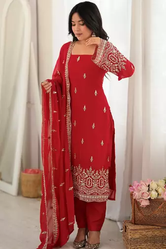 Classic Red Bead Embroidery Georgette Function Wear Salwar Suit