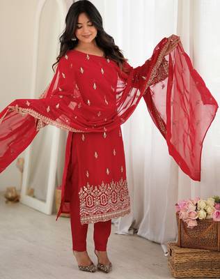 Classic Red Bead Embroidery Georgette Function Wear Salwar Suit 3