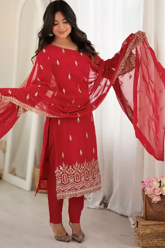 Classic Red Bead Embroidery Georgette Function Wear Salwar Suit