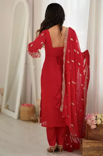 Classic Red Bead Embroidery Georgette Function Wear Salwar Suit
