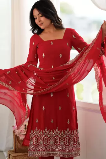 Classic Red Bead Embroidery Georgette Function Wear Salwar Suit