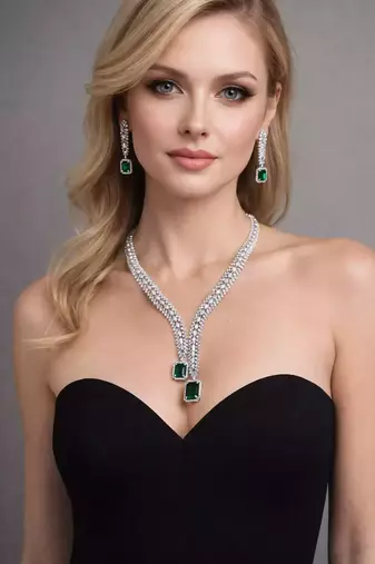 Emerald Green AD Bridal Jewelry Set | American Diamond Necklace & Earrings