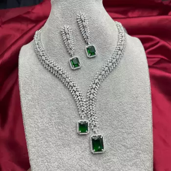 Emerald Green AD Bridal Jewelry Set | American Diamond Necklace & Earrings 3