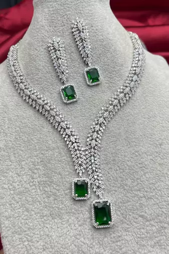 Emerald Green AD Bridal Jewelry Set | American Diamond Necklace & Earrings
