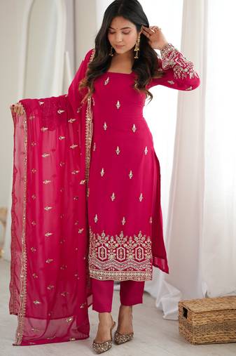 Pretty Rani Pink Bead Work Georgette Function Wear Pant Suit