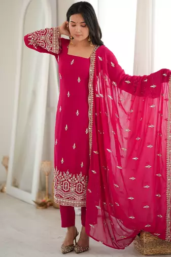 Pretty Rani Pink Bead Work Georgette Function Wear Pant Suit